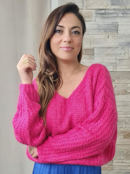 CAMISOLA DE MALHA COM MANGAS À BALÃO FÚSCHIA