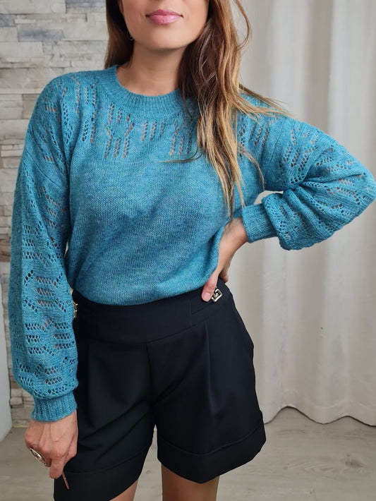 CAMISOLA MALHA COM MANGAS À BALÃO AZUL