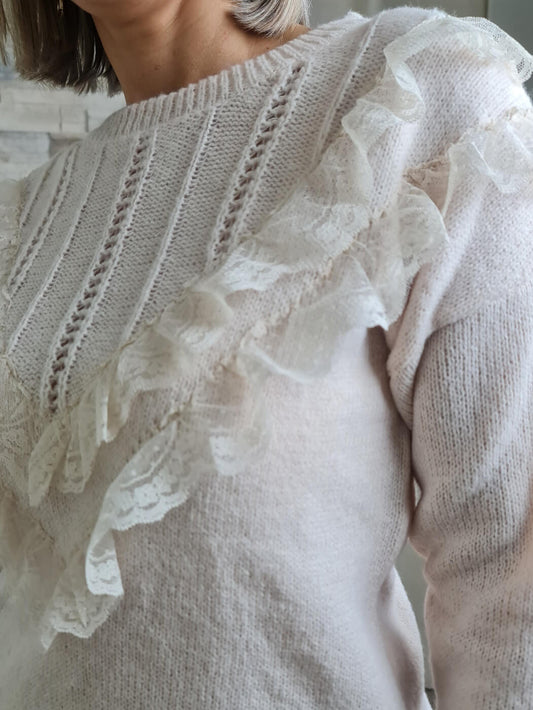 CAMISOLA DE MALHA E RENDA BEGE