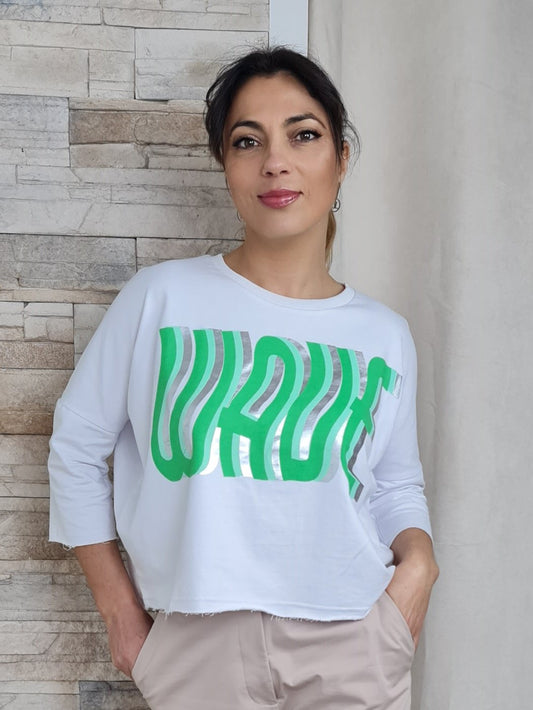 SWEATSHIRT BRANCA C/ LETRAS VERDES