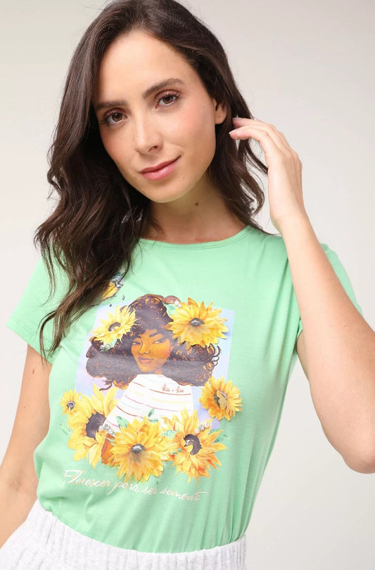 T-SHIRT ESTAMPADO ROSTO E GIRASSOL
