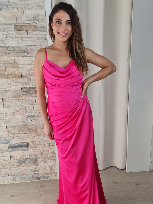 Vestido Acetinado Franzido Pop Pink