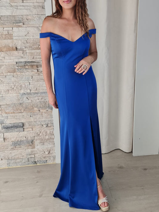 VESTIDO DE CERIMÓNIA ACETINADO COM DECOTE EM BARCO