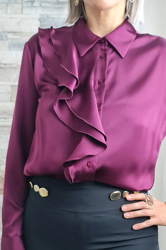BLUSA COM DETALHE DE FOLHOS BORDEAUX