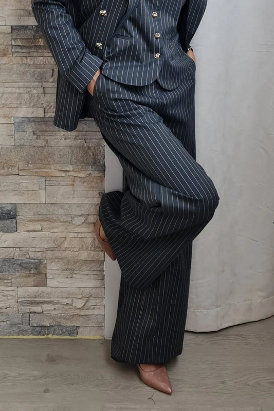 CALÇAS PANTALONA CINZENTO COM RISCA BEGE