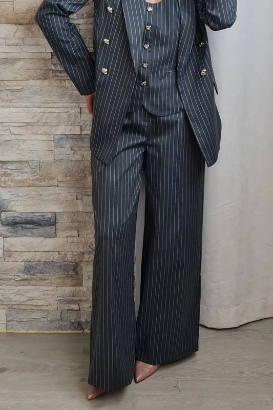 CALÇAS PANTALONA CINZENTO COM RISCA BEGE
