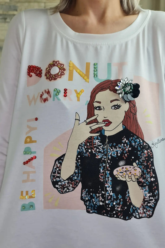 CAMISOLA DE MALHA BRANCA COM ESTAMPADO E LATERIAS IRREGULARES