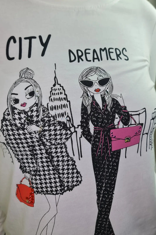 CAMISOLA DE ALGODÃO ESTAMPADO COM FIGURAS FEMININAS