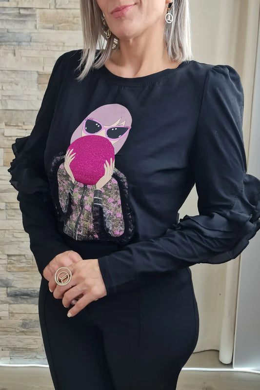 CAMISOLA DE ALGODÃO PRETA COM FOLHOS NA MANGA