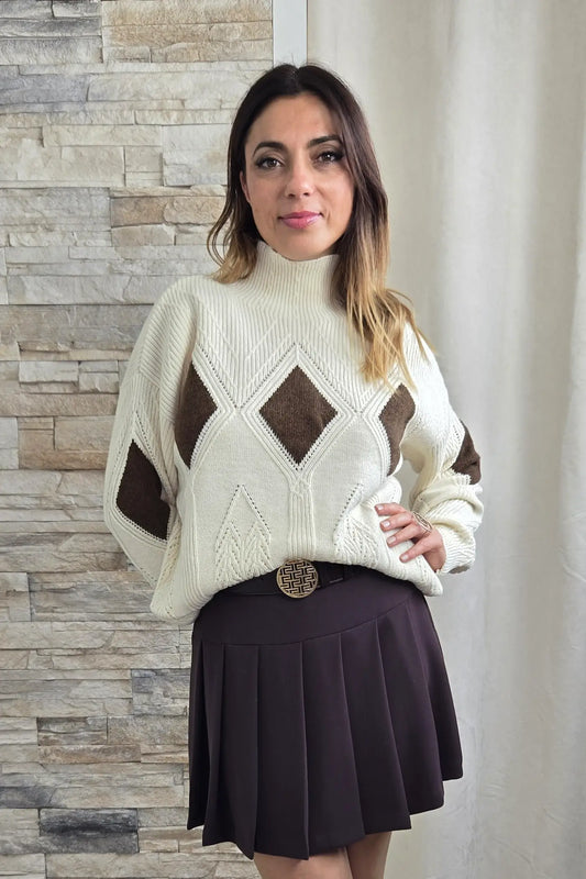 CAMISOLA DE MALHA COM EFITO LOSANGO CASTANHO