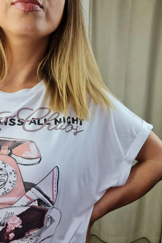 T-SHIRT "TALK ALL DAY KISS ALL NIGHT" BRANCA