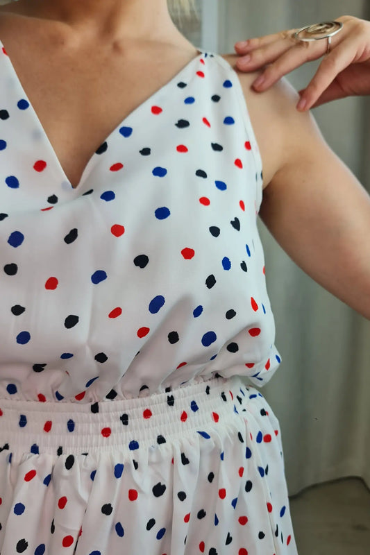 VESTIDO COMPRIDO BOLINHAS C/ COSTAS DECOTADAS