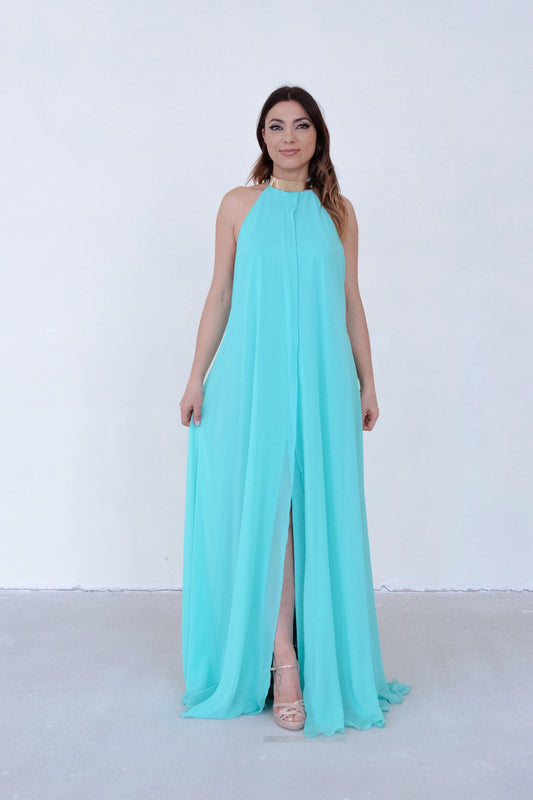 VESTIDO FLUÍDO AZUL COM GARGANTILHA