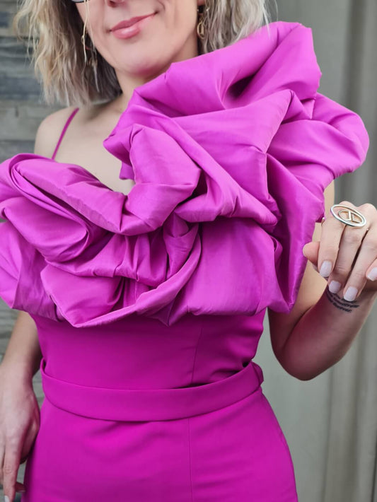 VESTIDO DE CERIMÓNIA COMPRIDO COR DE ROSA COM FOLHO BUFANTE
