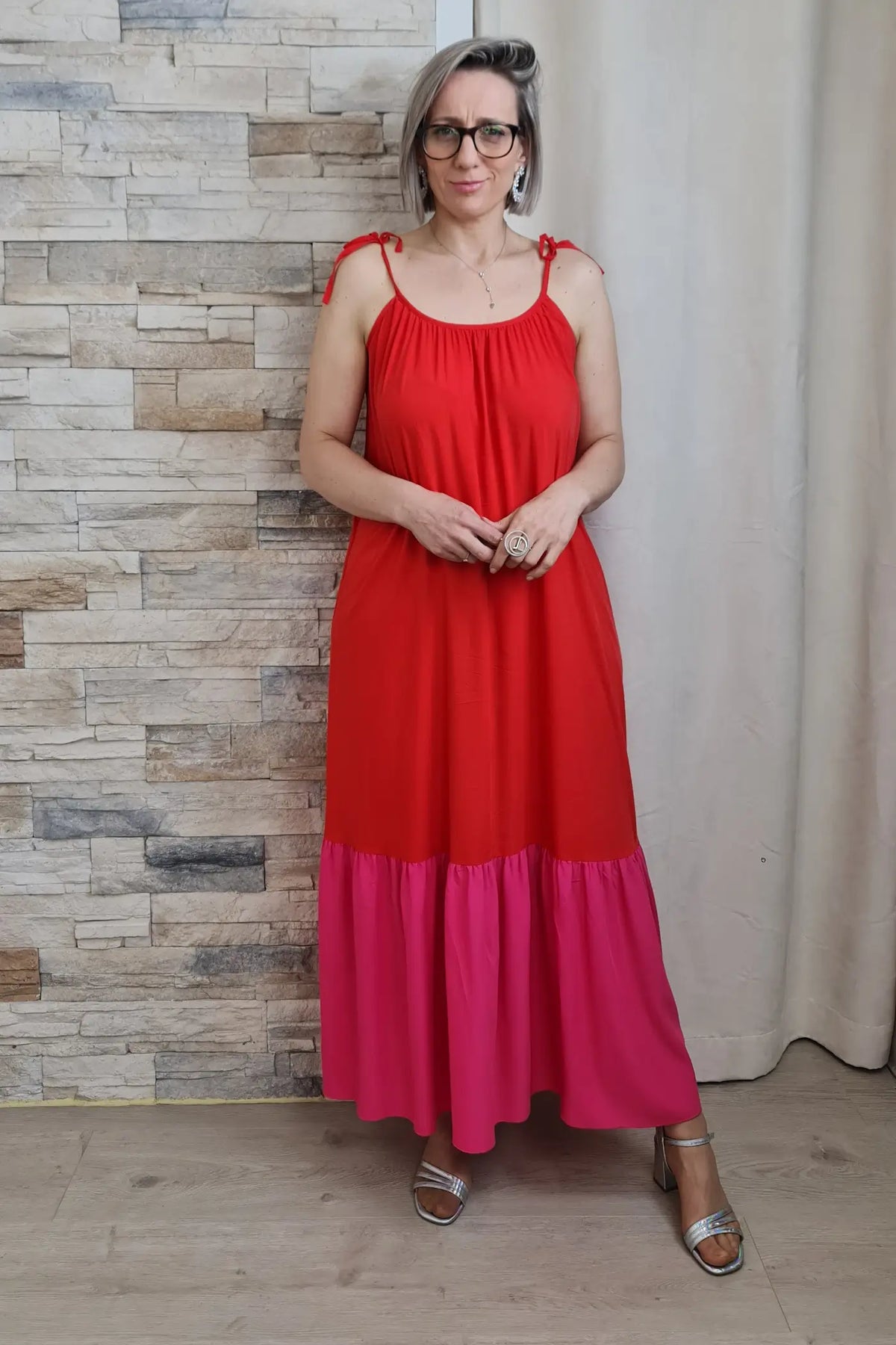 VESTIDO COMPRIDO DE ALÇA FINA BICOLOR