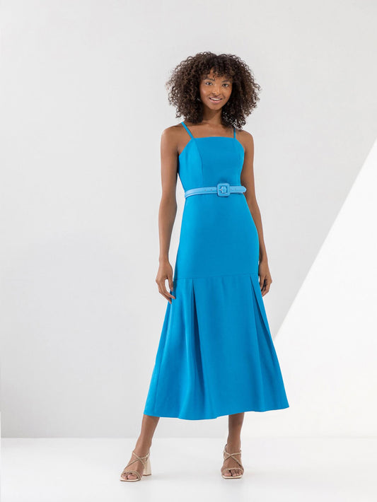 VESTIDO MIDI COM ALÇAS E RECORTE GODÊ