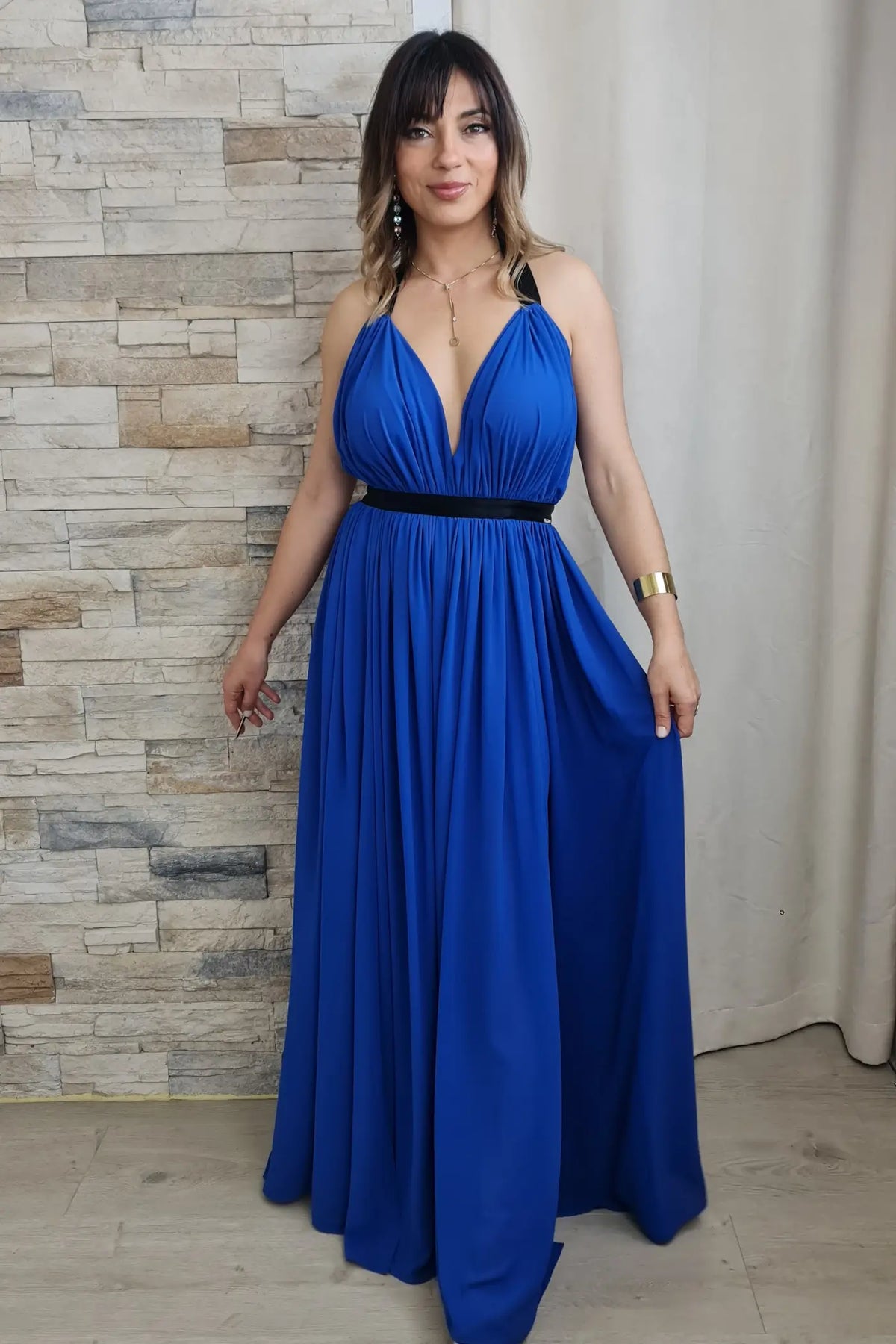 VESTIDO COMPRIDO EFEITO GREGA AZUL ROYAL