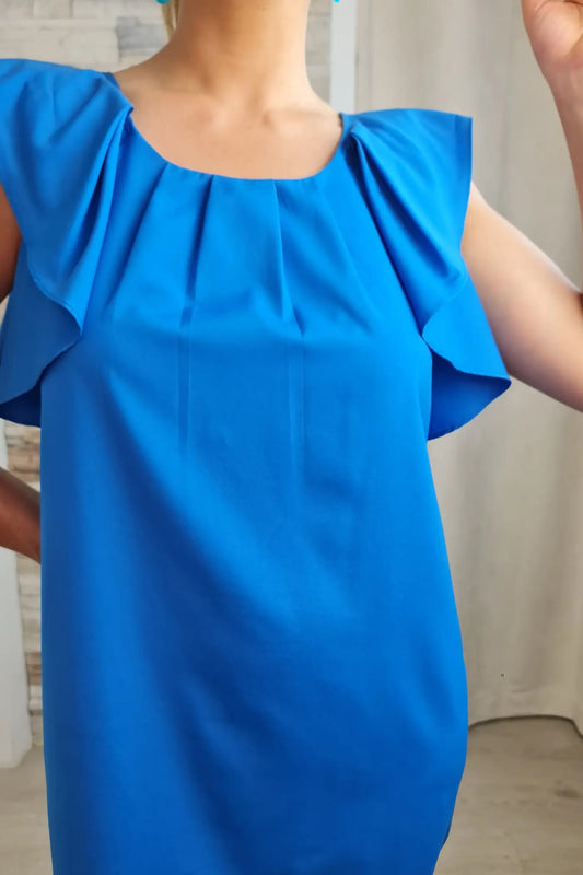 VESTIDO CURTO COM MANGA DE FOLHOS AZULÃO