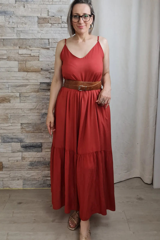 VESTIDO LONGO COM ALÇAS AJUSTÁVEIS EM TELHA