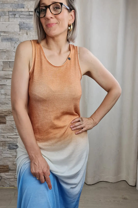 VESTIDO LONGO DEGRADÉ LARANJA-BRANCO-AZUL