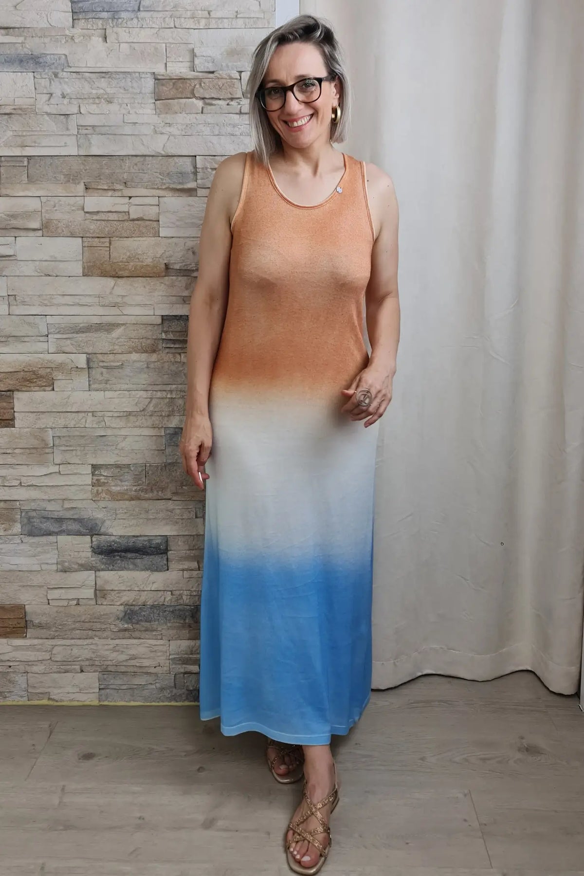 VESTIDO LONGO DEGRADÉ LARANJA-BRANCO-AZUL