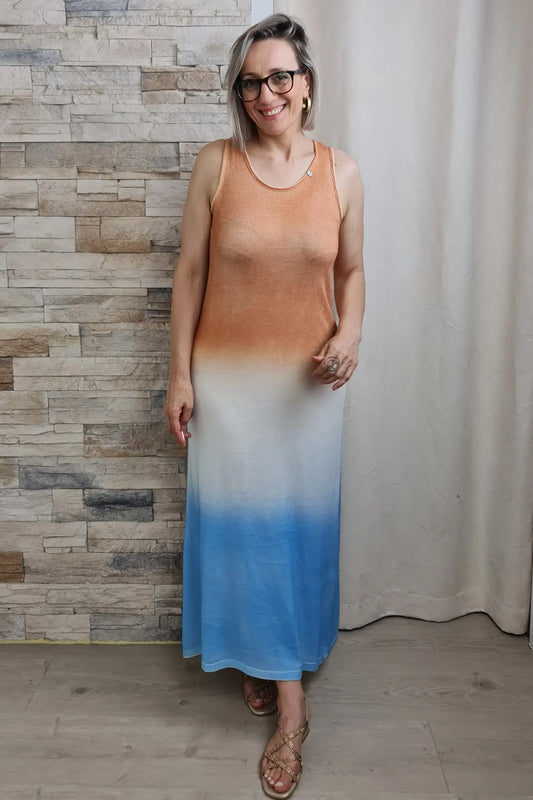 VESTIDO LONGO DEGRADÉ LARANJA-BRANCO-AZUL