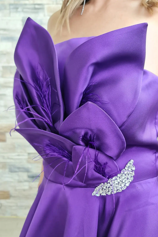 VESTIDO DE CERIMÓNIA ROXO CAICAI COM FLOR E PLUMA